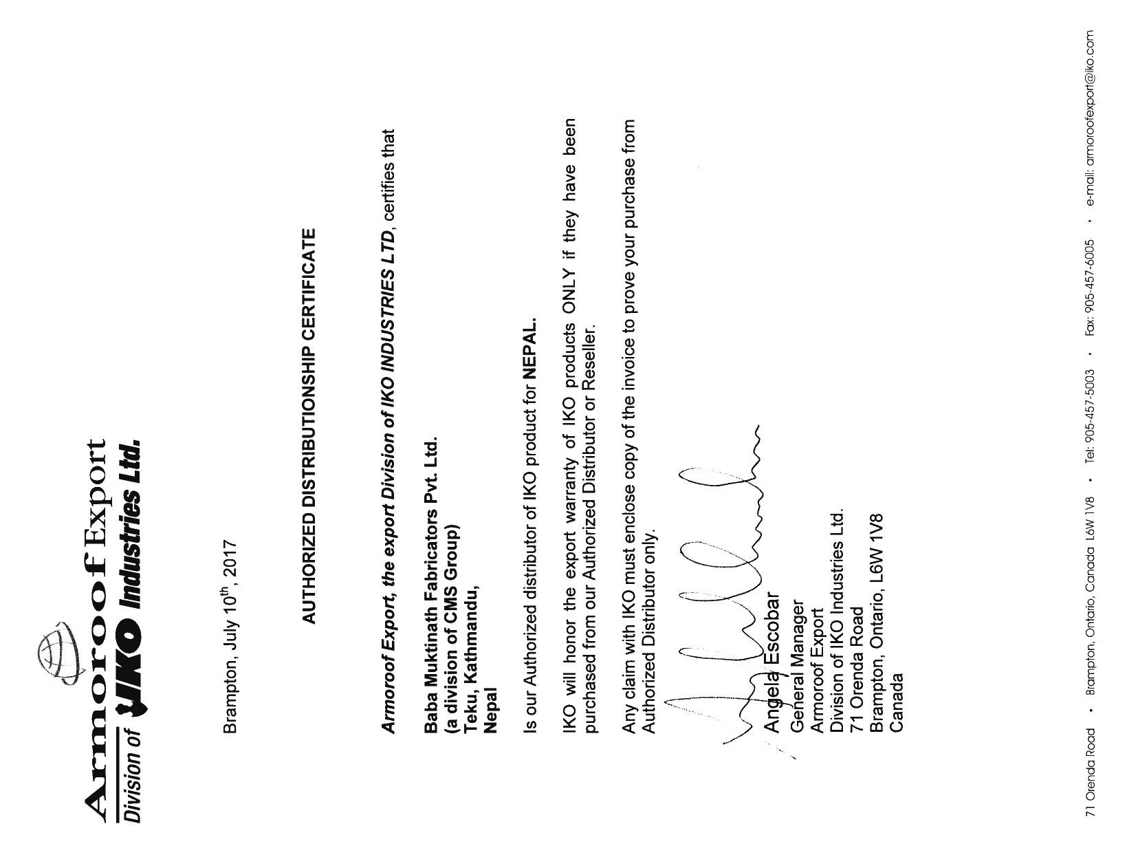 IKO (Armoroof Export Division) certificate