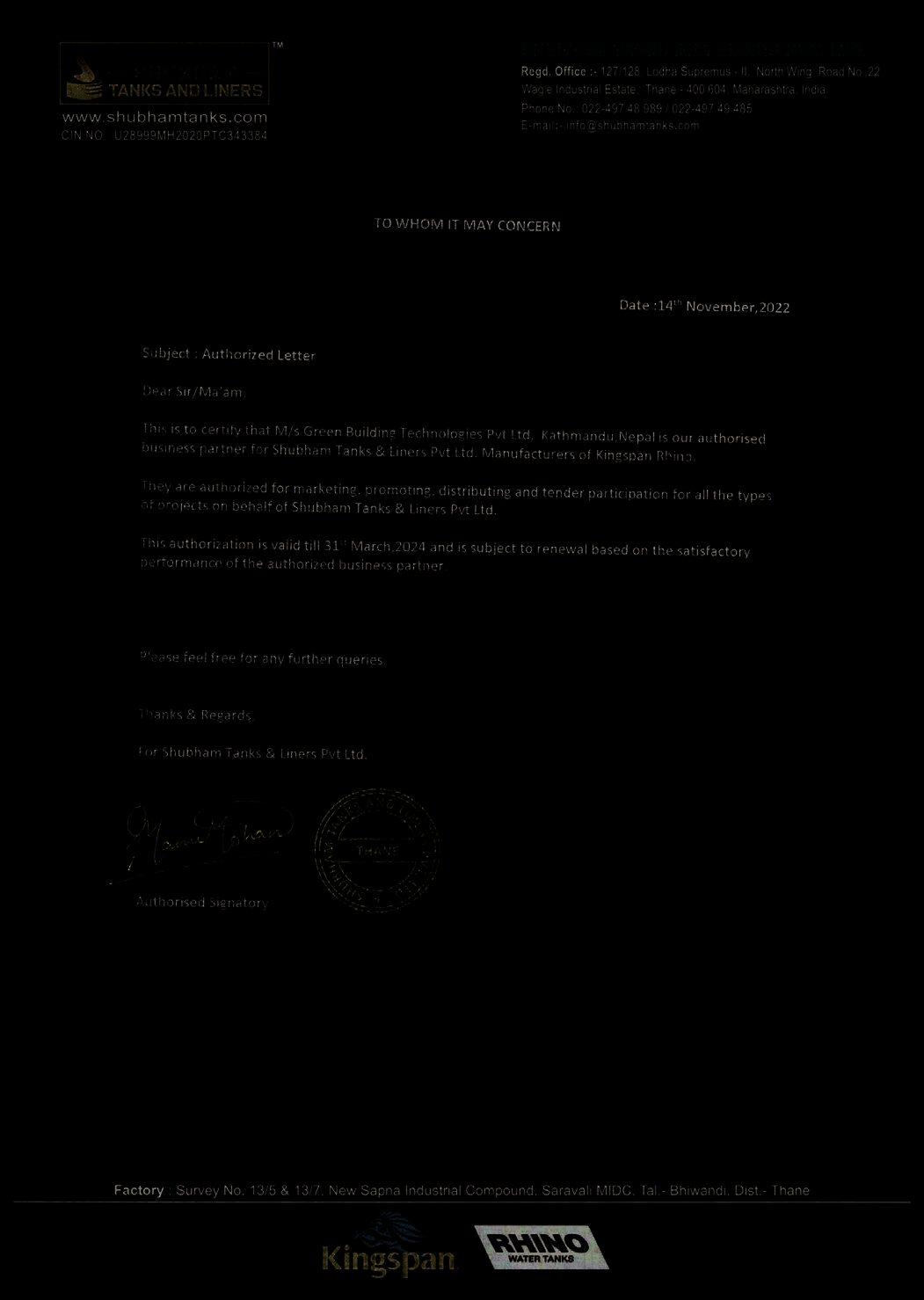 Kingspan Rhino (Shubham Tanks) certificate
